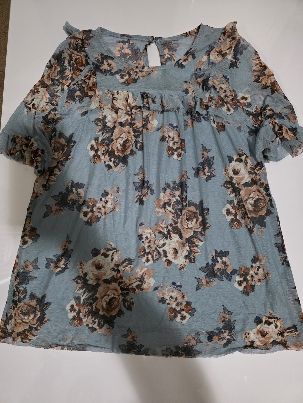 Hannah Blue Floral Ruffle Sleeve Blouse